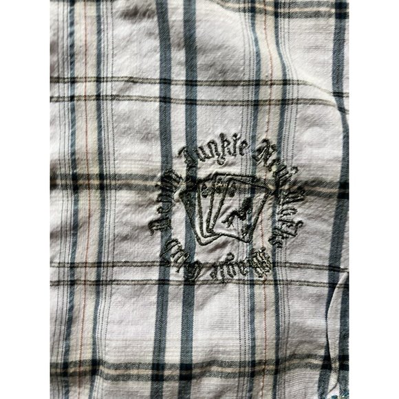 Denim Junkie Button Up Shirt Adult Large Purple‎ Plaid Pocketed Snap Mens - Picture 9 of 13